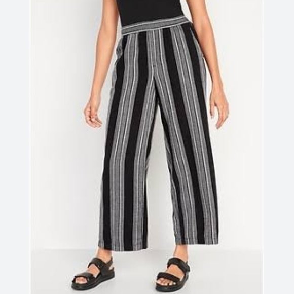 Old Navy High Waisted Striped Linen Blend Wide Leg Pants - Black/White - Picture 2 of 9